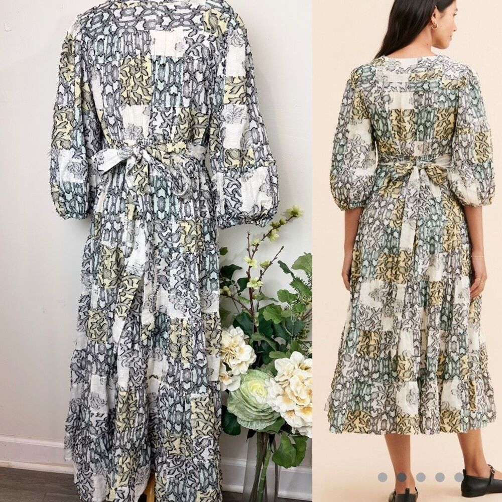 Anthropologie Medium Textured Midi Dress Patchwork Tiered wrap Boho - Picture 6 of 13